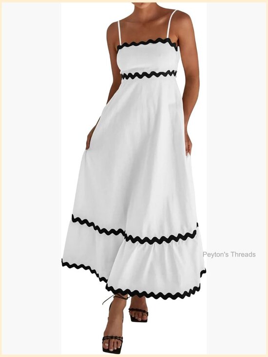 Dresses & Skirts - Spaghetti Strap Smocked Rickrack Trim Boho Flowy Midi Dress